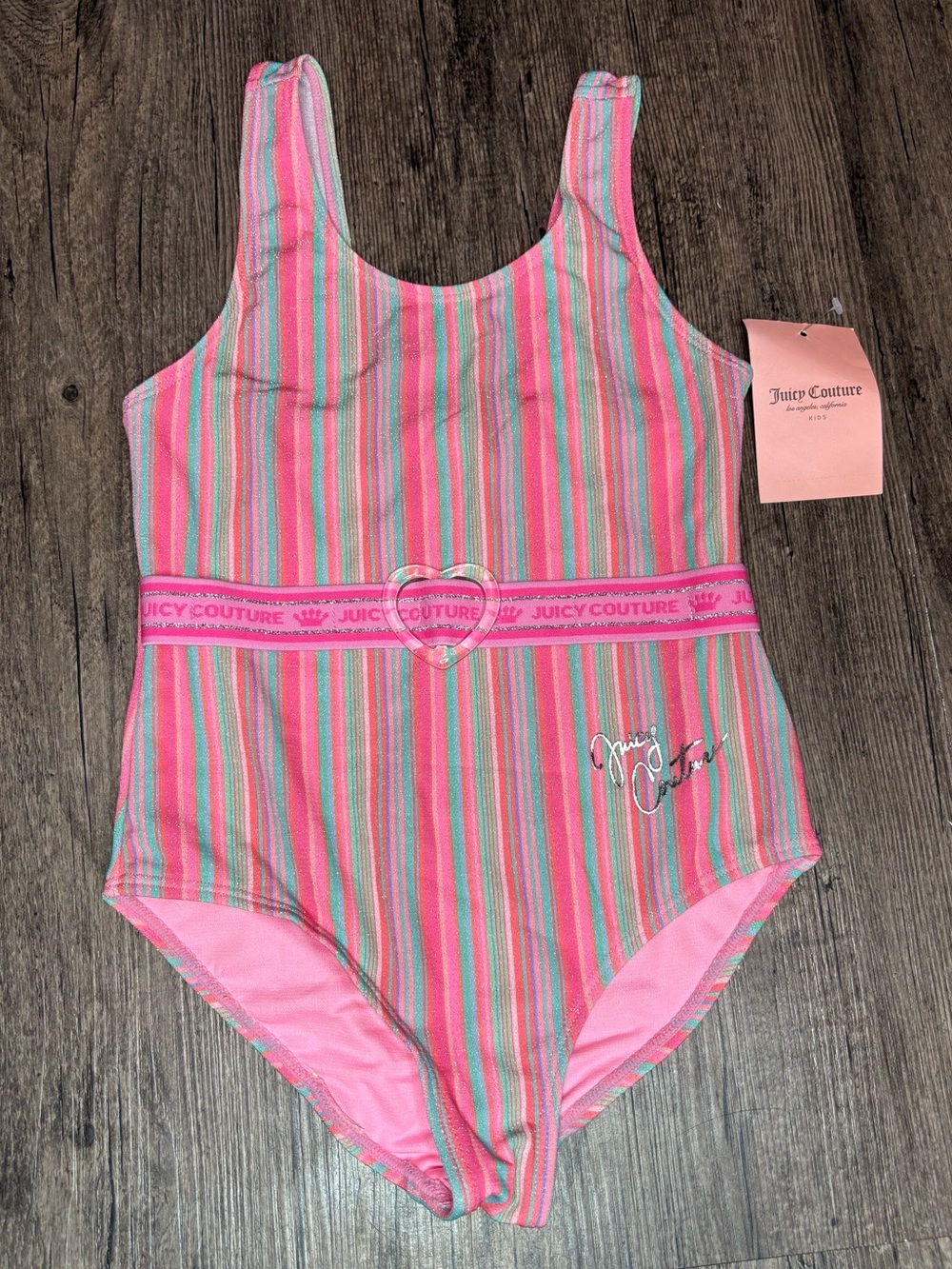 Juicy Couture Shimmer Pink Green Multi-Stripe One-Piece Swimsuit with Heart Belt